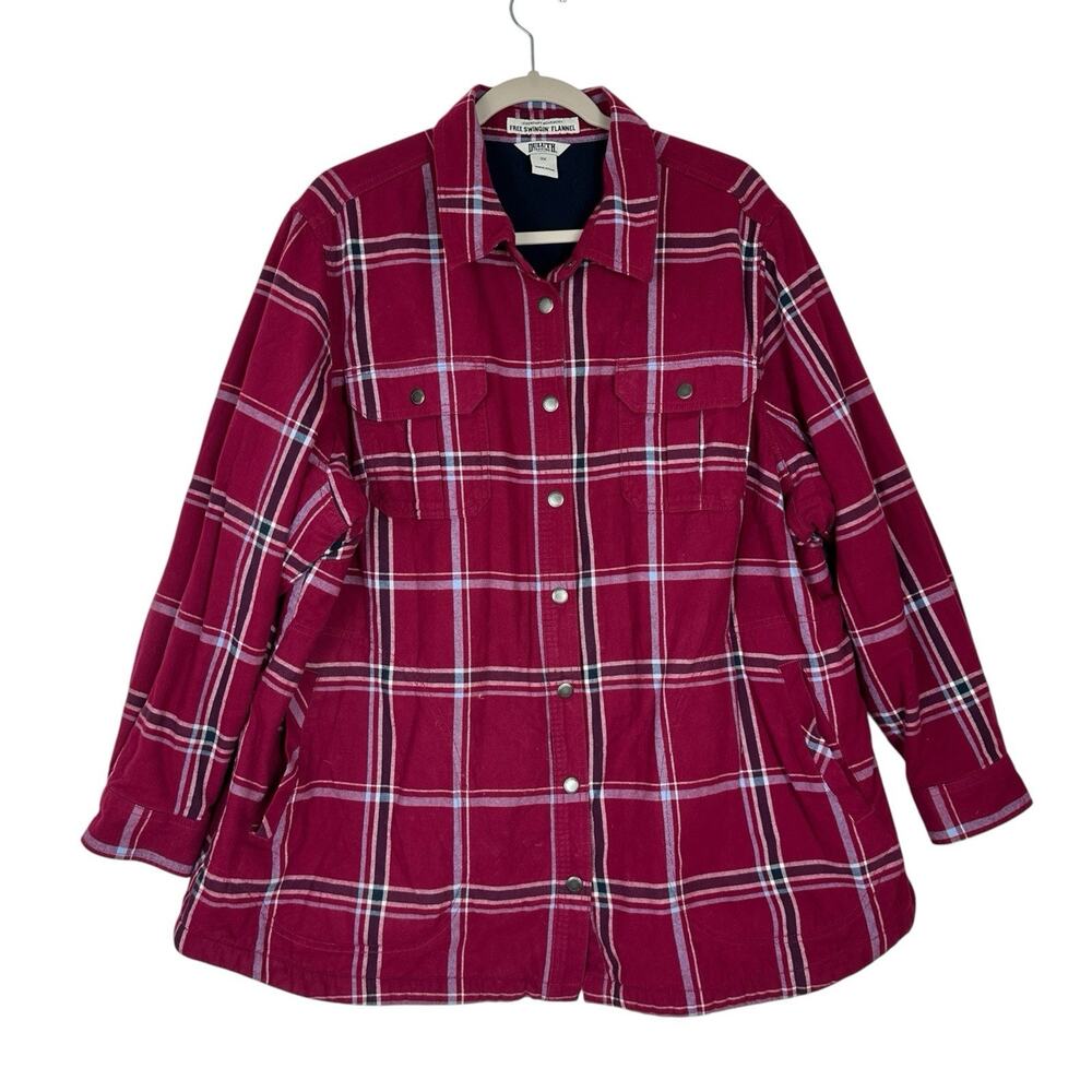 Duluth Trading Free Swingin Flannel Shirt Jac Women 2X Burgundy Plaid Shacket